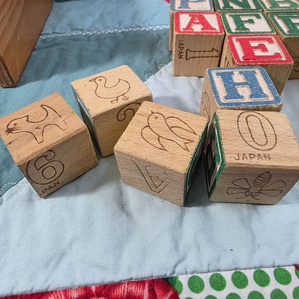 Vintage Wooden Alphabet Blocks Set 20 Pieces Made in Japan ABC Numbers Animals